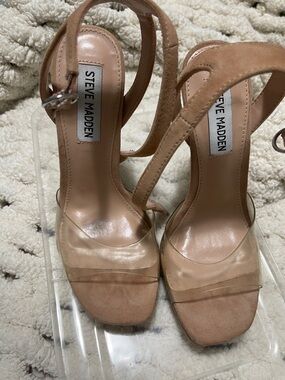 Steve Madden Tan Suede Heeled Sandals with Clear Straps (worn once)